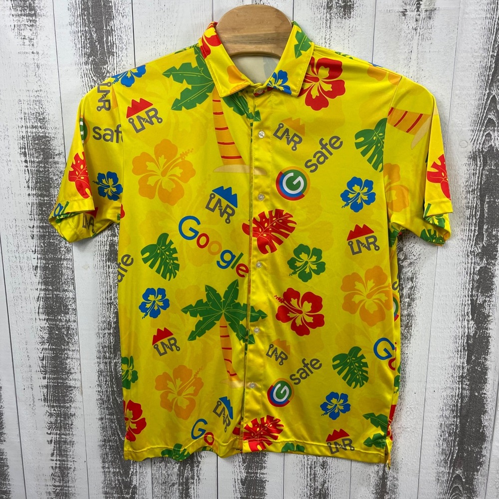Google Hawaiian Shirt‎ Mens Large Yellow Floral Button Up Short Sleeve